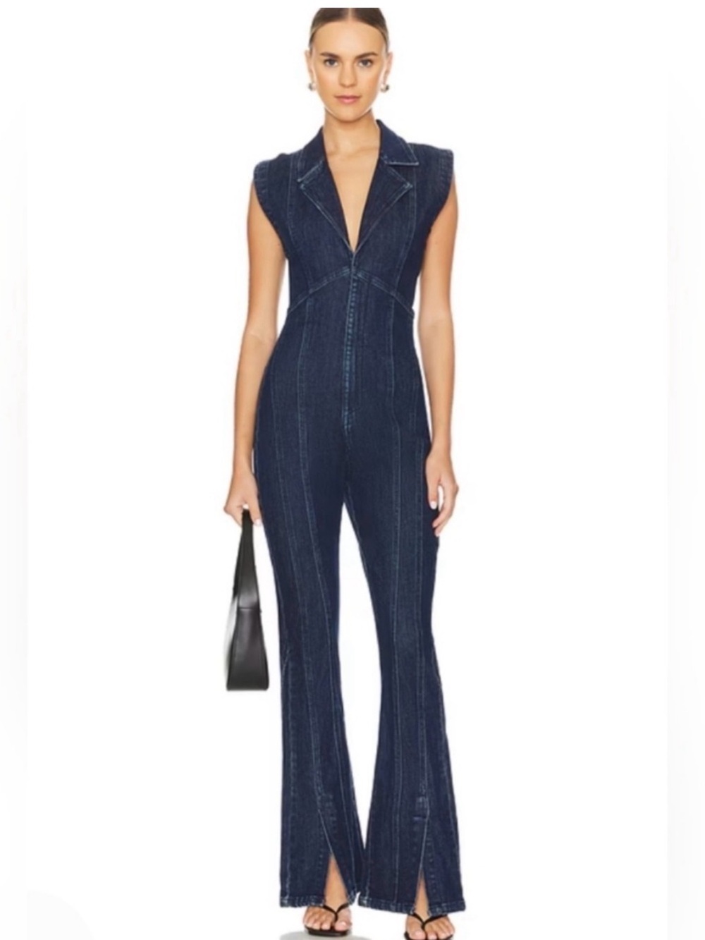 Free People CRVY Ring The Alarm Denim Flared Leg Jumpsuit in Siren Sz L